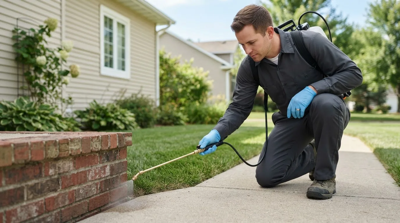 Pest control technician treating a home near Mekinock, ND